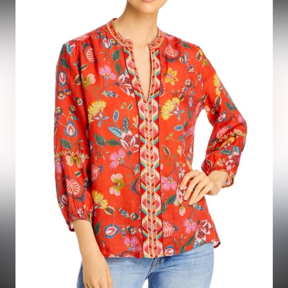 Johnny Was Coral Workshop Unlined Ramie Embroidered Tunic Long Sleeve Blouse